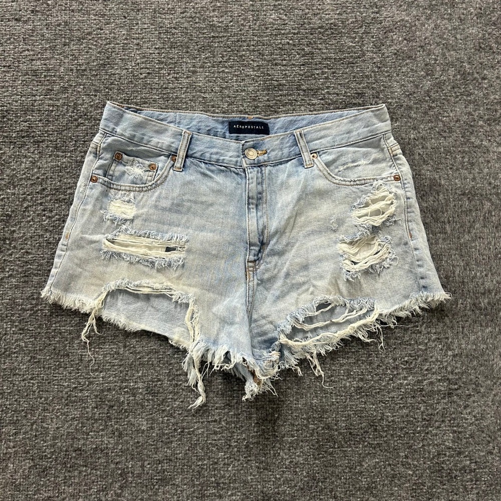 Aeropostale Jean Shorts Womens Size 12 Light Wash Distressed Frayed Cotton Denim